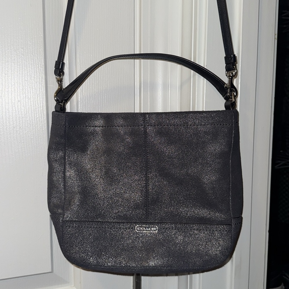 Auth Coach Dark Gray Vermillion Sparkle Leather Shoulder Tote Bag!